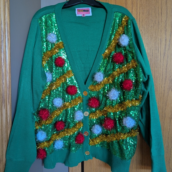 Tipsy Elves Green and Red Cardigan with Festive Decorations - Picture 1 of 5